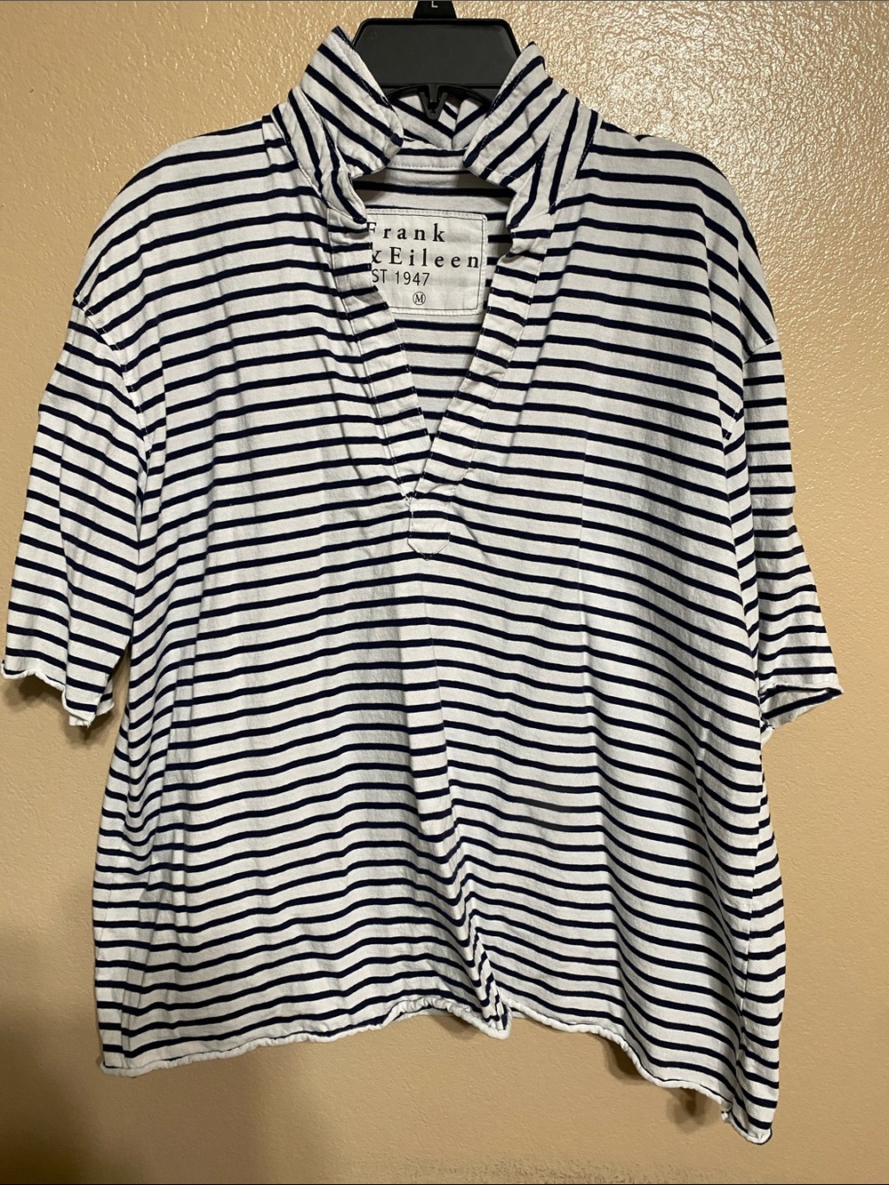 Frank & Eileen White and Navy Striped V-Neck The Patty Vintage Jersey Polo